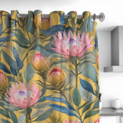 Pink Protea Tropical Curtains, Green Leaf Floral Drapes