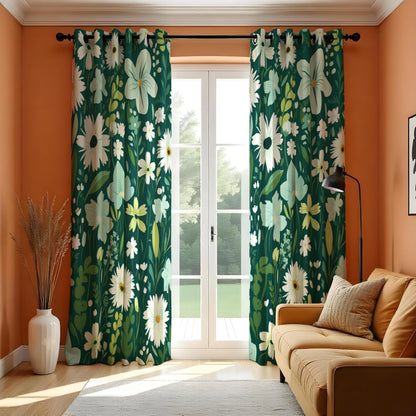 Dark Green Daisy Curtains, White Wildflower Botanical Drapes