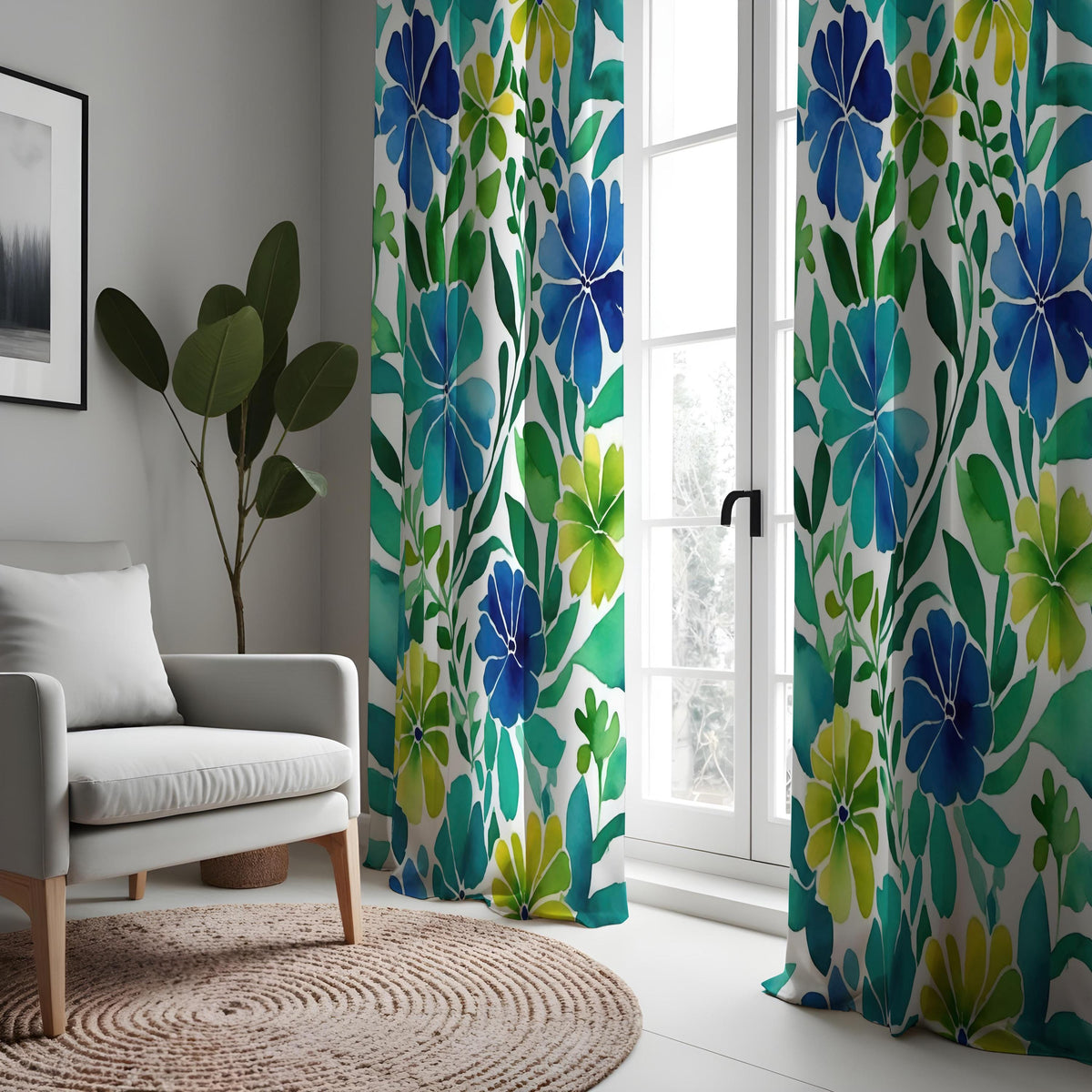 Blue & Green Tropical Floral Curtains, Summer Drapes