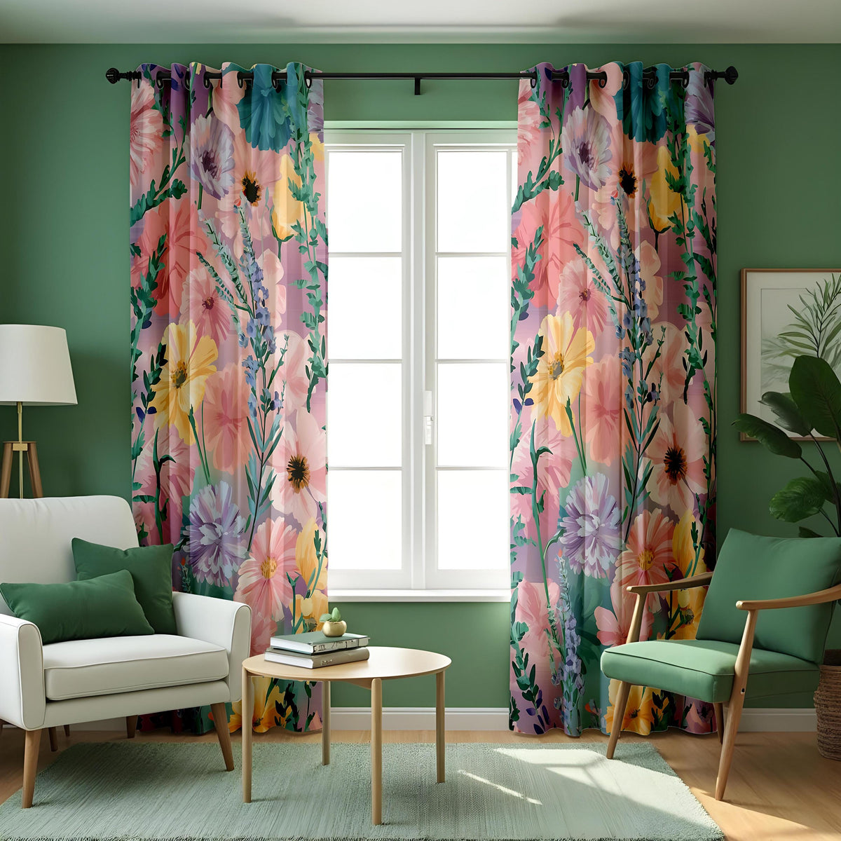 Pastel Pink & Yellow Wildflower Curtains, Watercolor Drapes