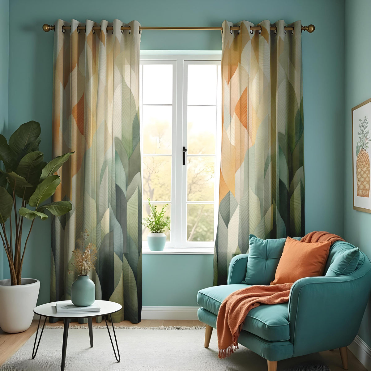 Earth Tone Geometric Leaf Curtains, Neutral Boho Drapes