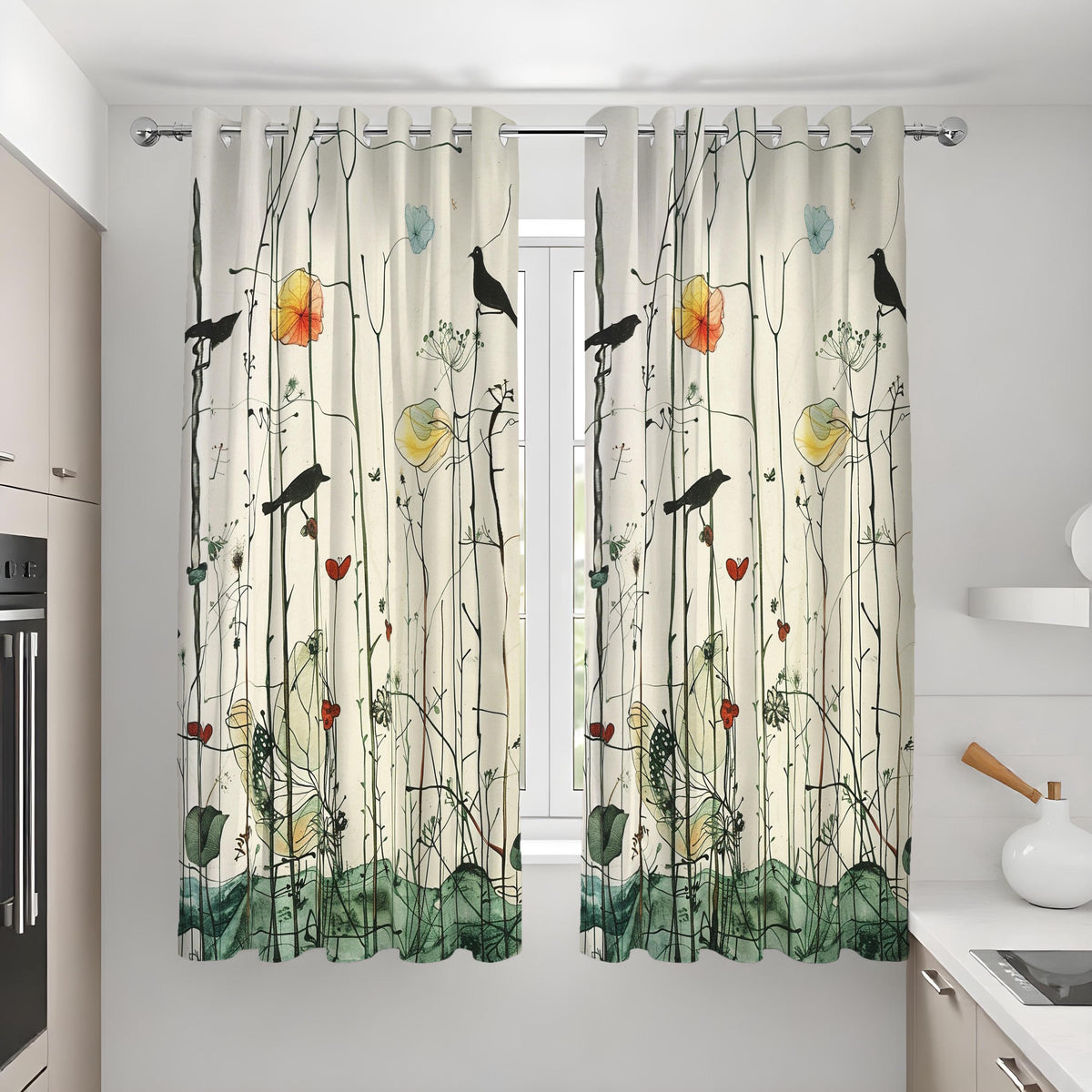 Bird and Flower Curtains, Botanical Art Print Window Drapes