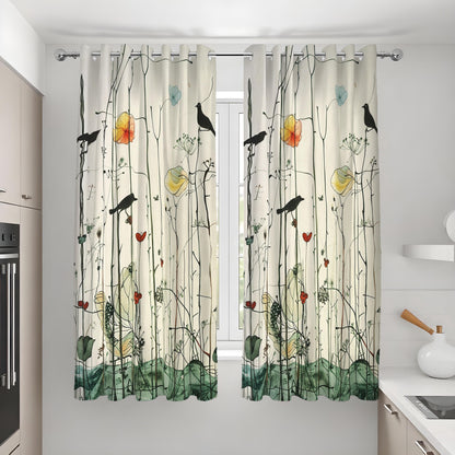 Bird and Flower Curtains, Botanical Art Print Window Drapes