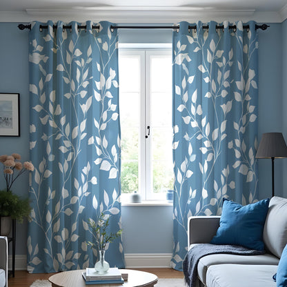 Blue Botanical Leaf Curtains, White Leaves Print Drapes