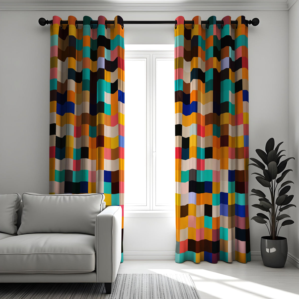 Color Block Wavy Curtains, Multicolor Geometric Drapes