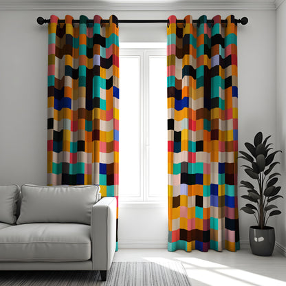 Color Block Wavy Curtains, Multicolor Geometric Drapes