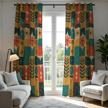 Teal Mustard Orange Mid Century Floral Curtains, Retro Drapes