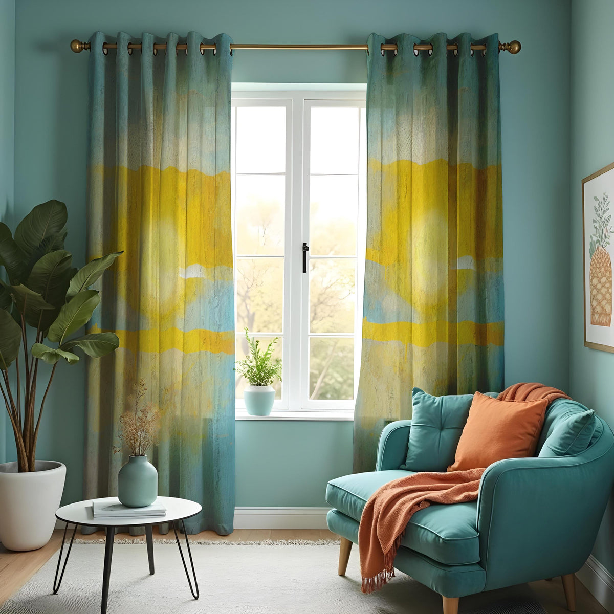 Yellow Blue Watercolor Landscape Curtains, Boho Drapes