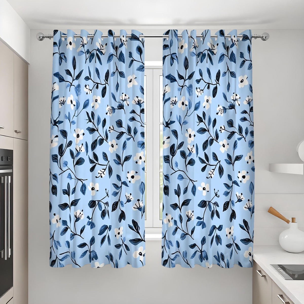 Navy Blue Leaf Curtains, Floral Botanical Custom Drapes