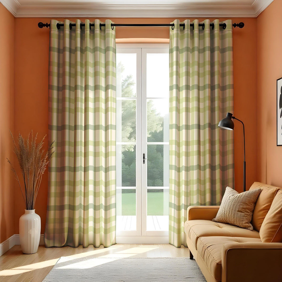 Green Gingham Plaid Curtains, Farmhouse Kitchen Drapes