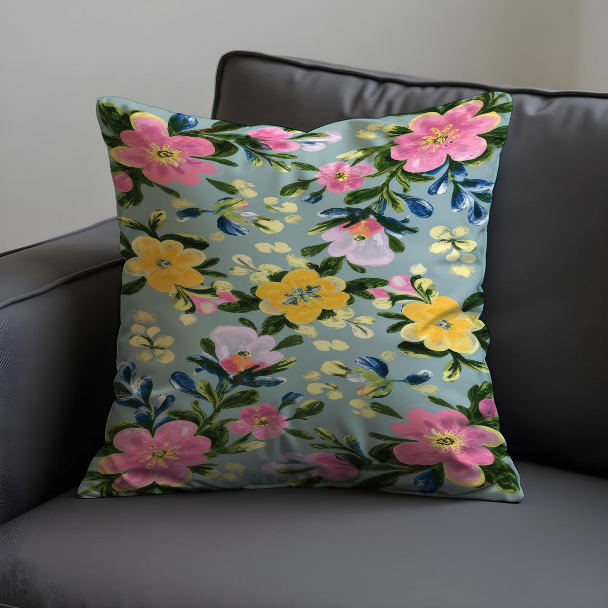 Blue Flower Cushion Cover, Fresh Botanical Pillow Case