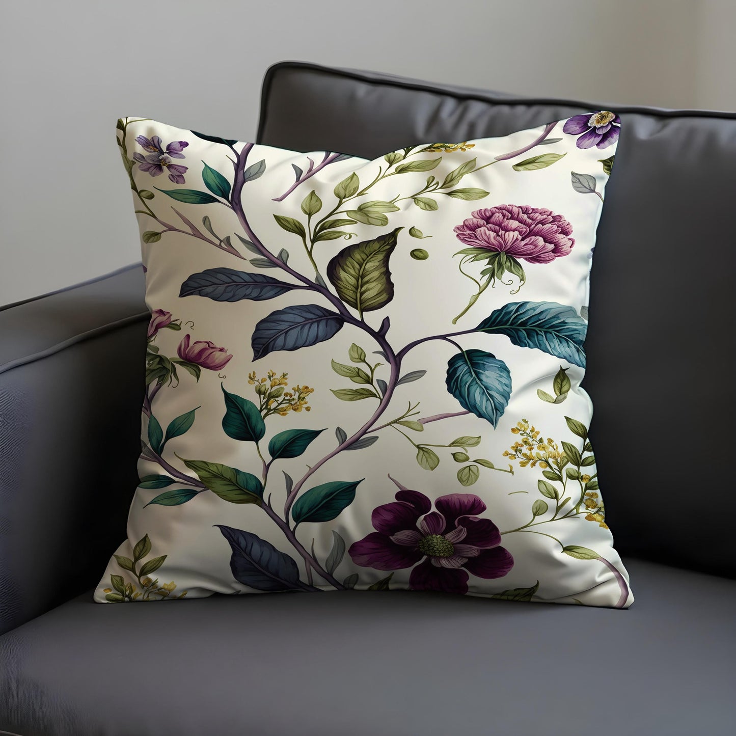 Botanical Cushion Cover, Plum & Green Floral Print Pillow Case