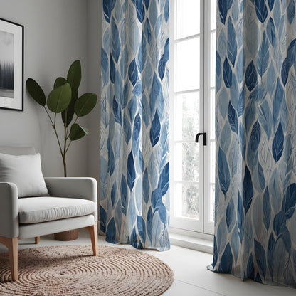 Blue Nature Leaf Curtains, Botanical Print Custom Drapes