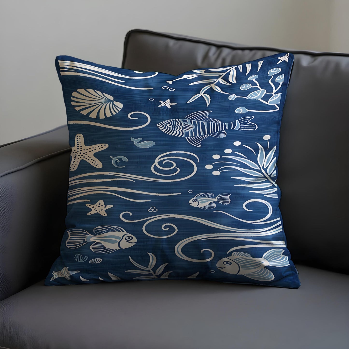 Nautical Ocean Theme Cushion, Blue Sea Life Throw Pillow Cover