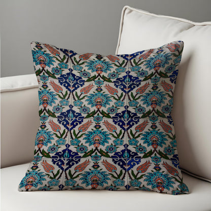 Turkish Tile Cushion Cover, Blue Floral Pattern Throw Pillow Case