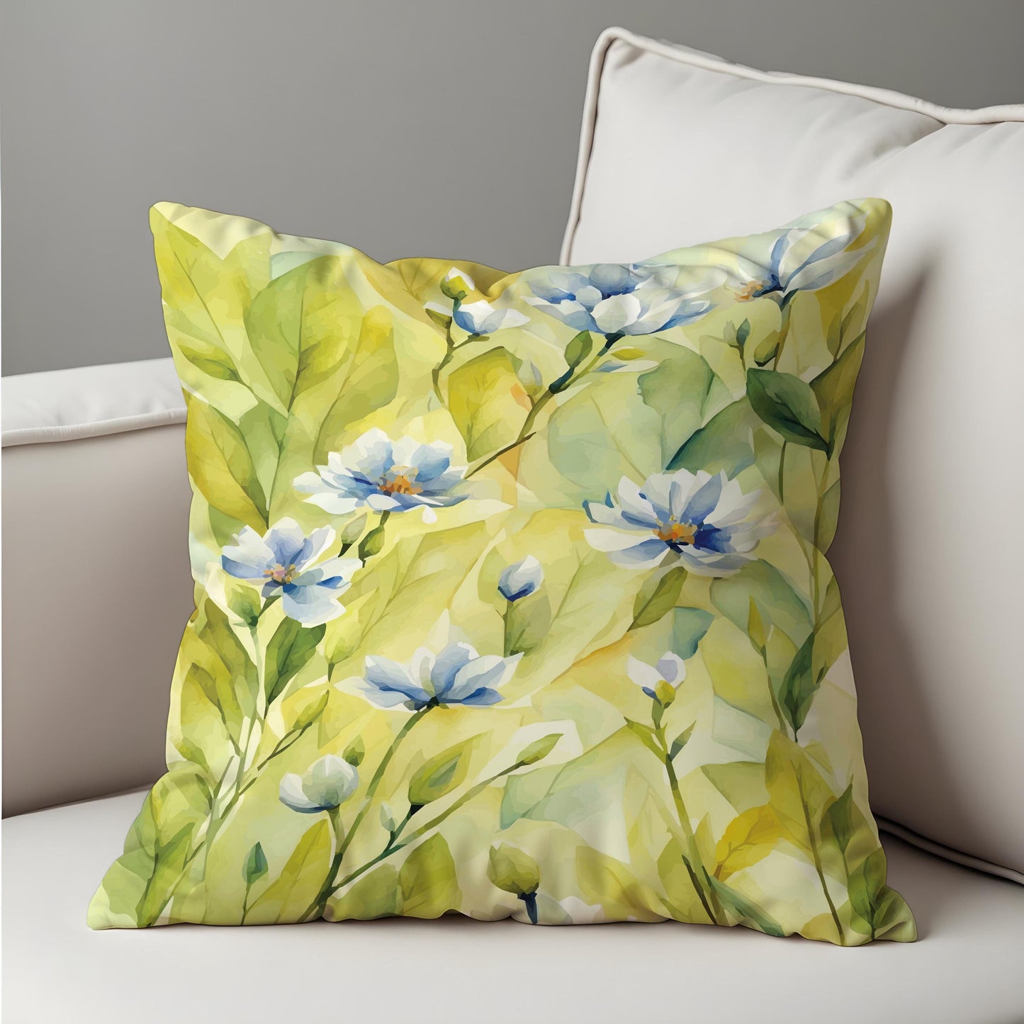 Lemon Yellow Floral Cushion Cover, Soft Blue Flowers Pillow Case