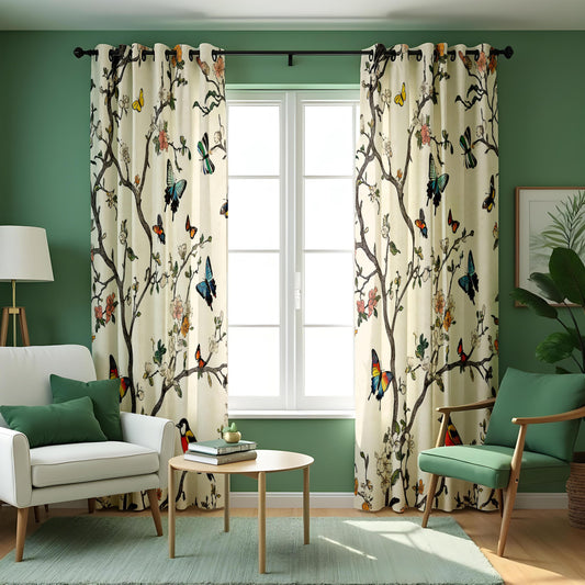 Bird and Butterfly Curtains, Cream Botanical Custom Drapes