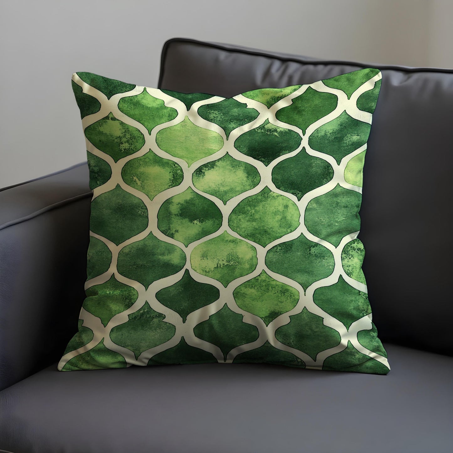 Green Moroccan Trellis Cushion Cover, Watercolor Style Pillow Cover