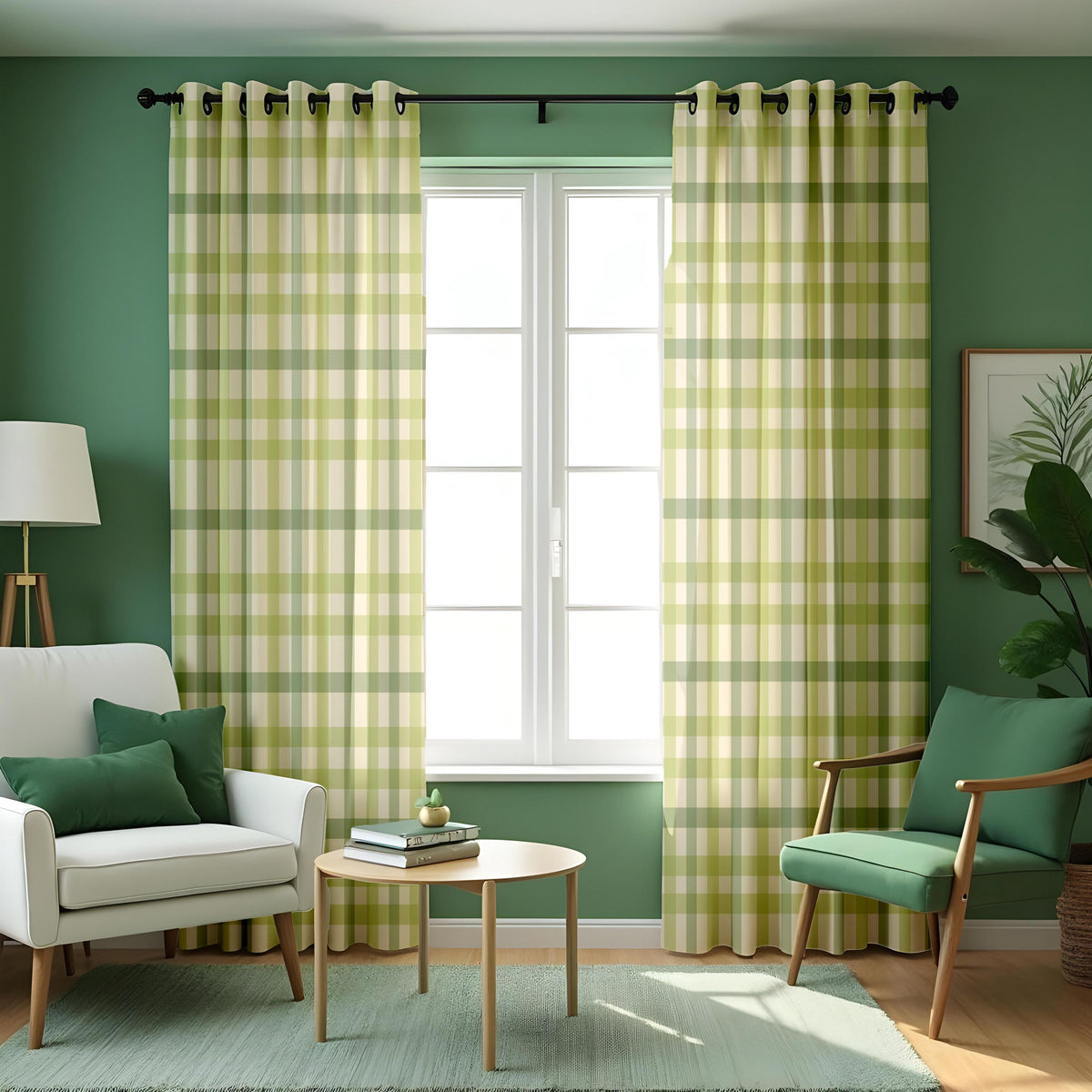 Green Gingham Plaid Curtains, Farmhouse Kitchen Drapes