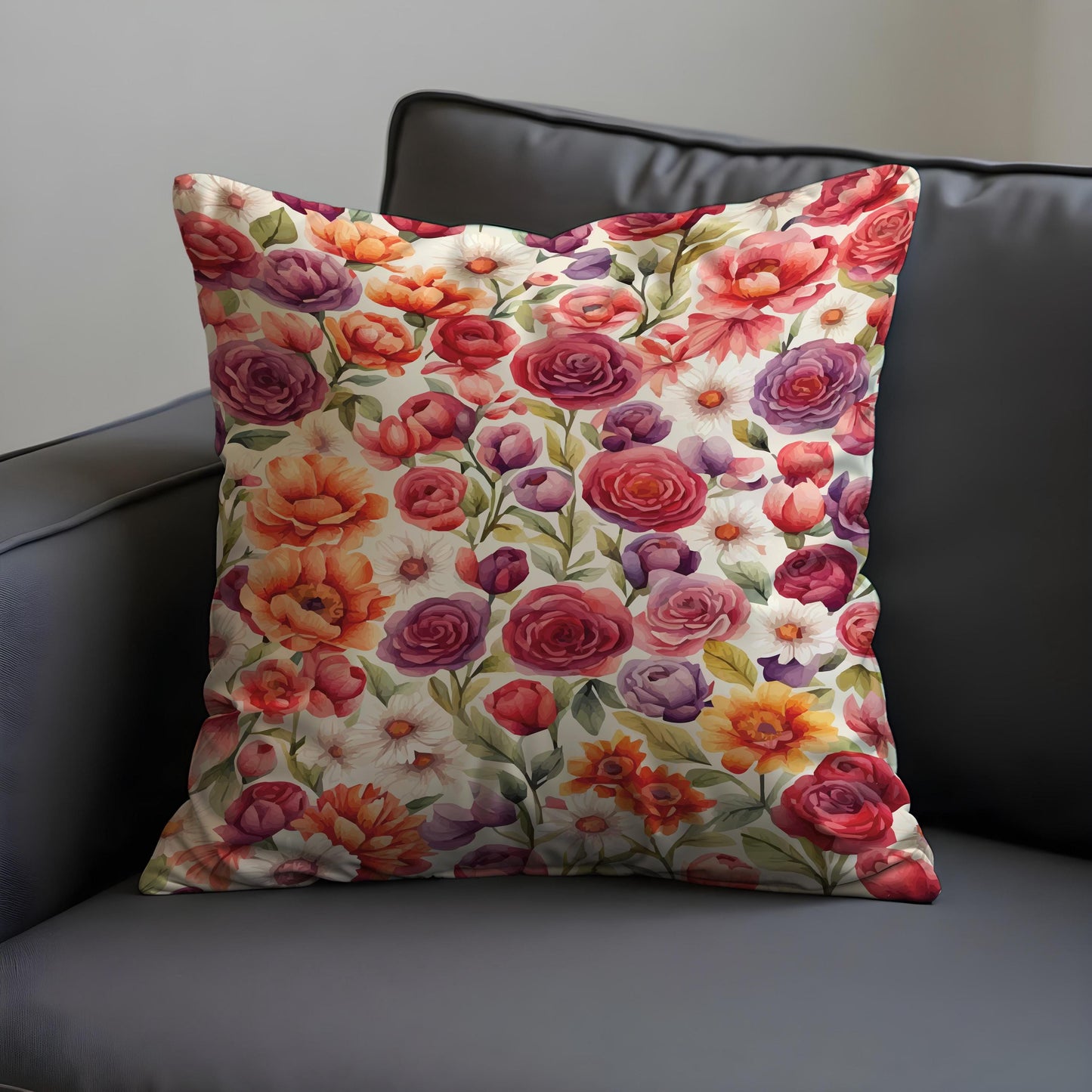 Colorful Garden Floral Cushion Cover, Purple & Orange Flowers Pillow Case