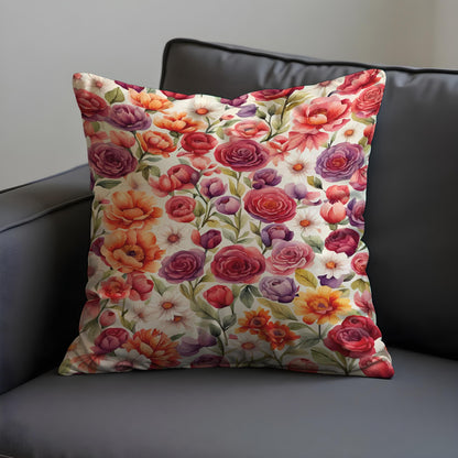 Colorful Garden Floral Cushion Cover, Purple & Orange Flowers Pillow Case