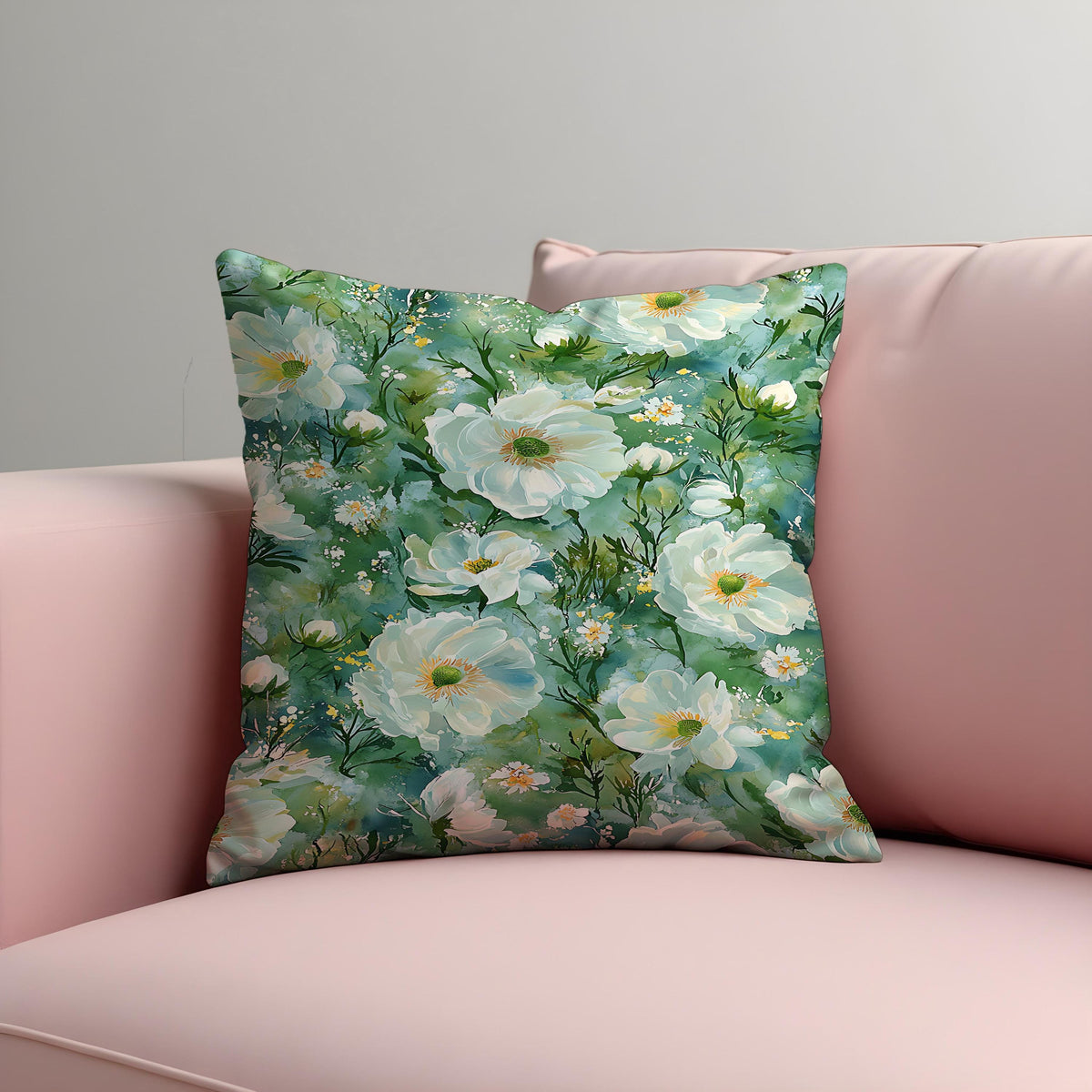 Green Floral Cushion Cover, White Flower Pillow Case