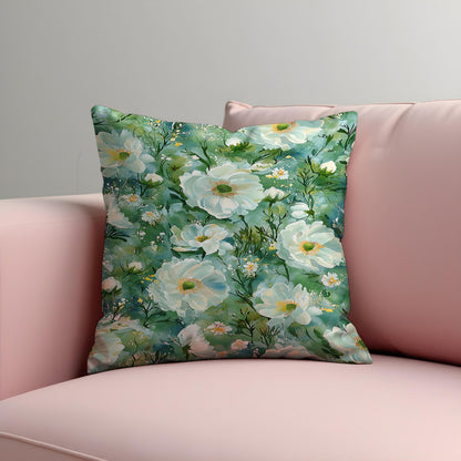 Green Floral Cushion Cover, White Flower Pillow Case