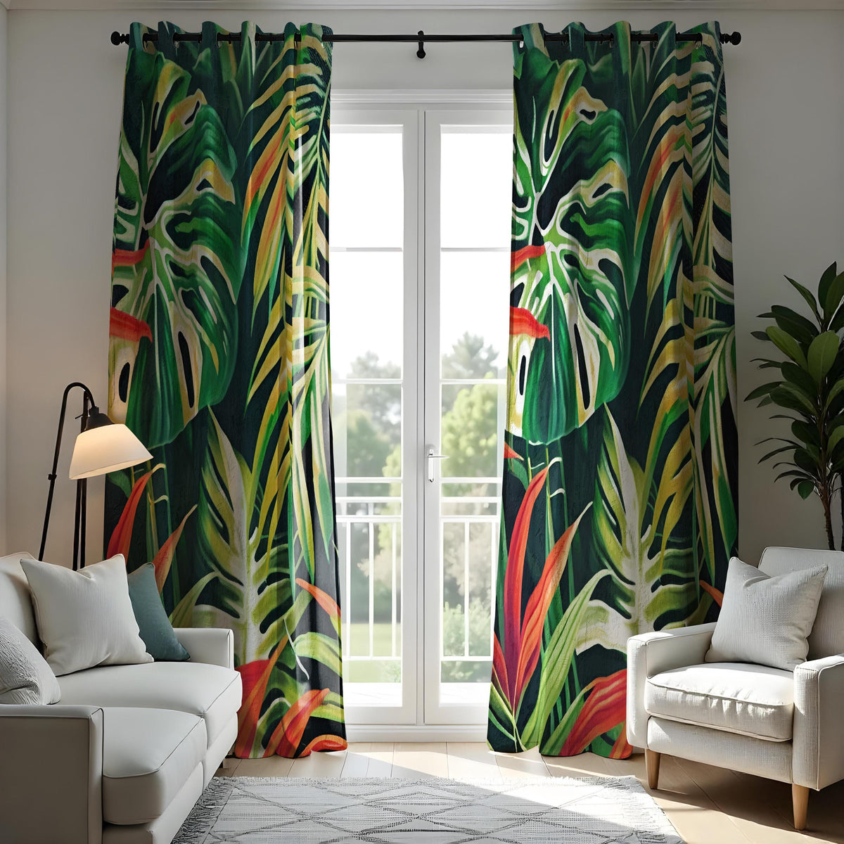 Tropical Monstera Palm Leaf Curtains, Jungle Print Drapes