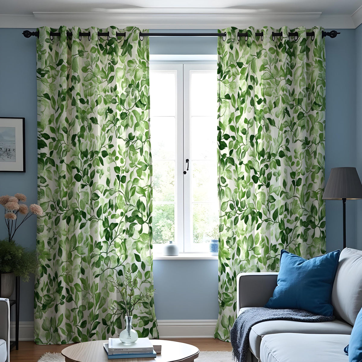 Green Leaf Botanical Curtains, Tropical Print Custom Drapes