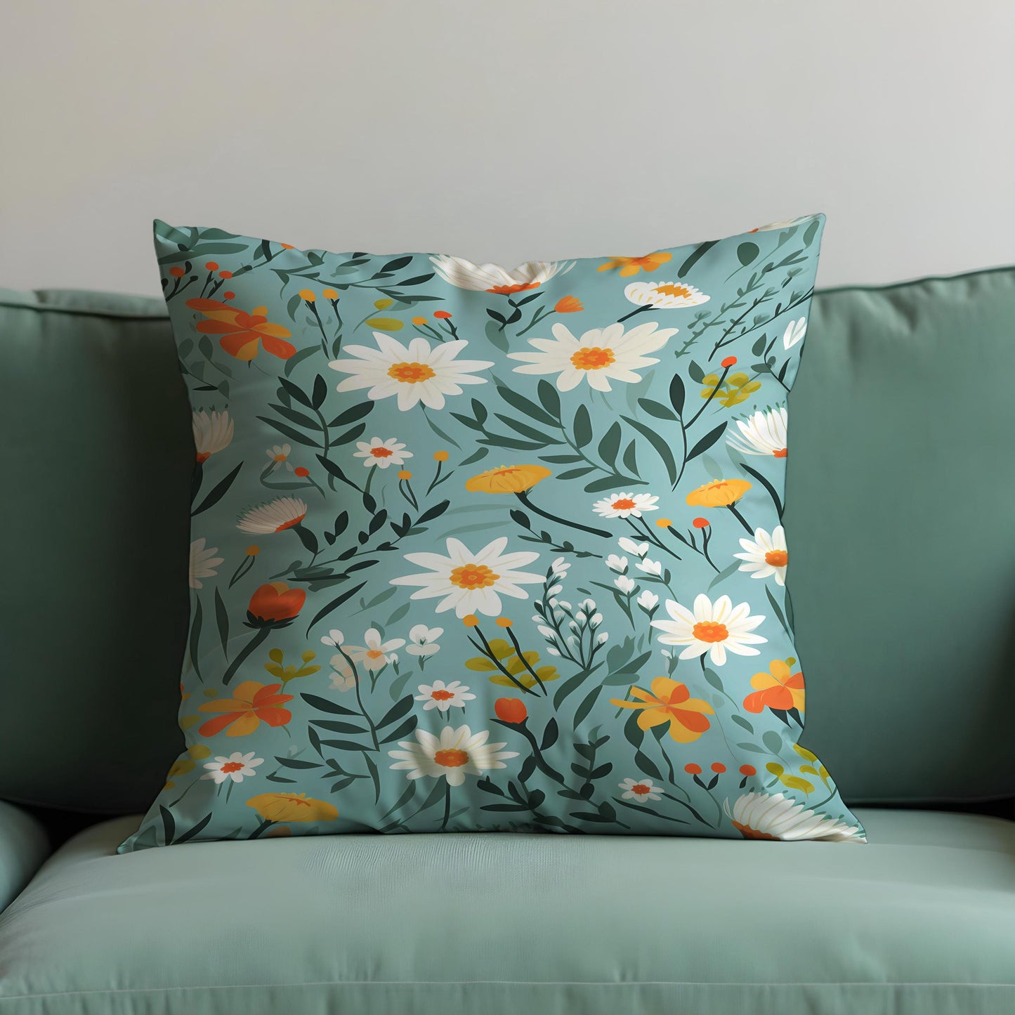 Daisy Floral Cushion Cover, Teal Wildflower Throw Pillow Cover