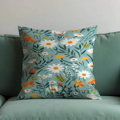 Daisy Floral Cushion Cover, Teal Wildflower Throw Pillow Cover