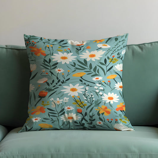 Daisy Floral Cushion Cover, Teal Wildflower Throw Pillow Cover