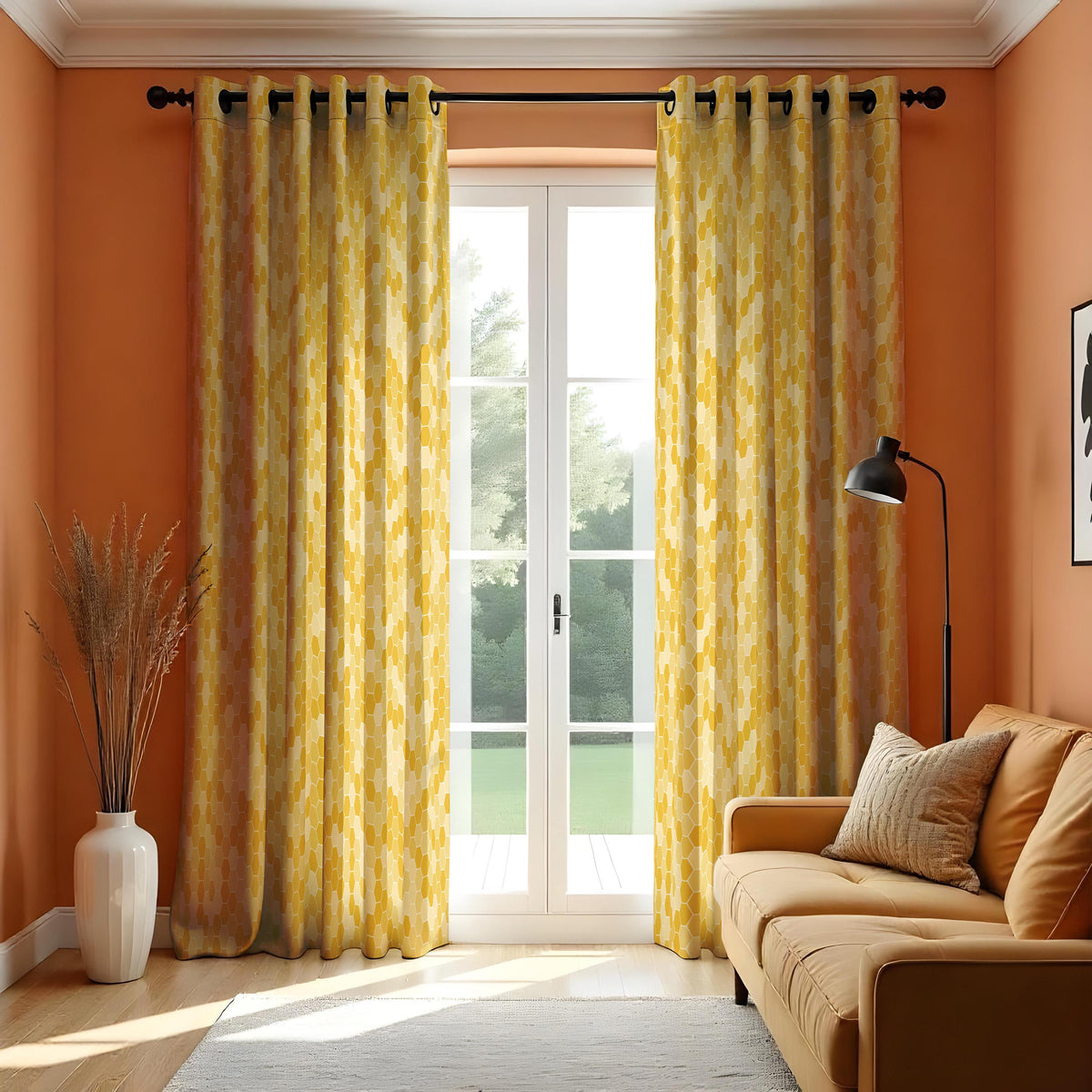 Yellow Honeycomb Curtains, Hexagon Geometric Window Drapes