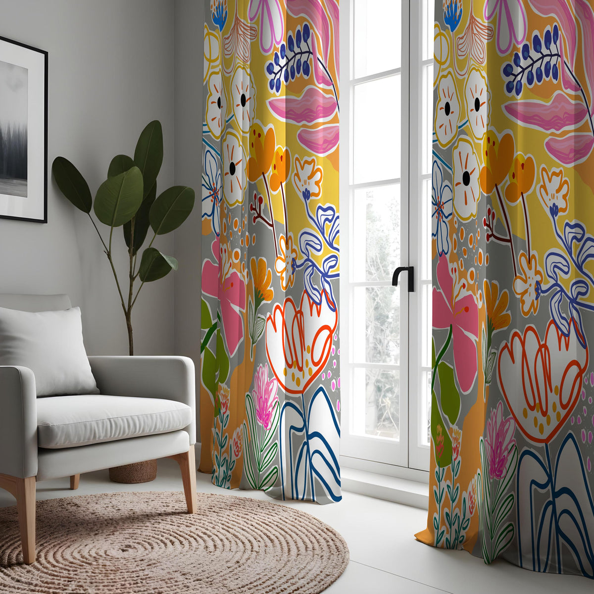 Bright Abstract Floral Curtains, Boho Art Print Drapes