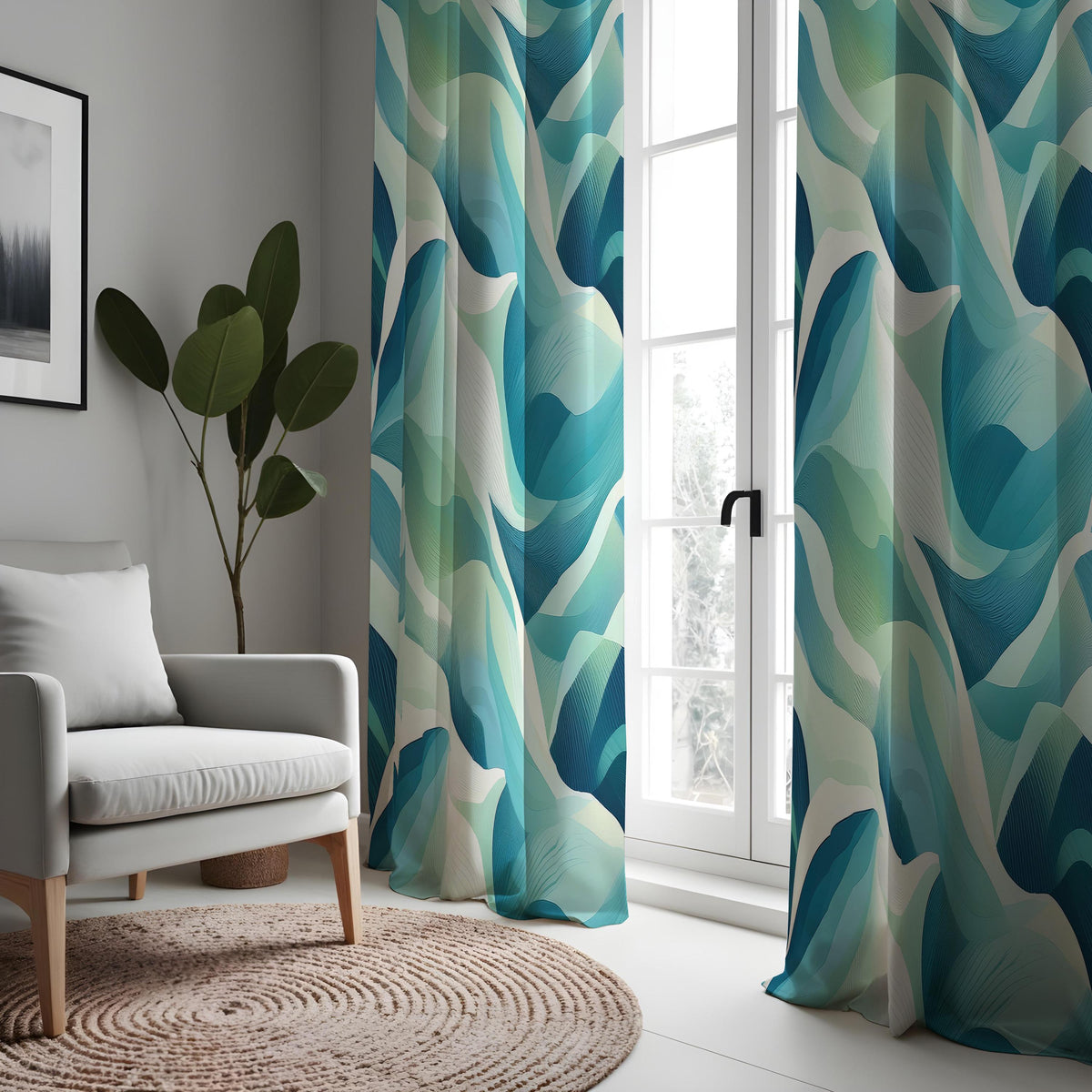 Teal Aqua Art Deco Wave Curtains, Ocean Geometric Drapes