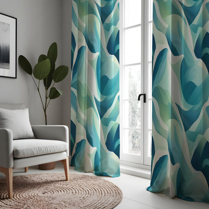 Teal Aqua Art Deco Wave Curtains, Ocean Geometric Drapes