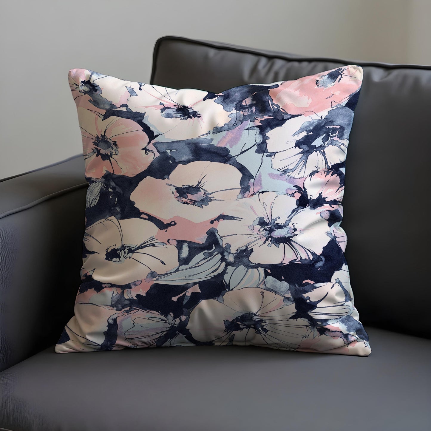 Watercolor Floral Cushion Cover, Blush & Navy Flower Print Pillowcase
