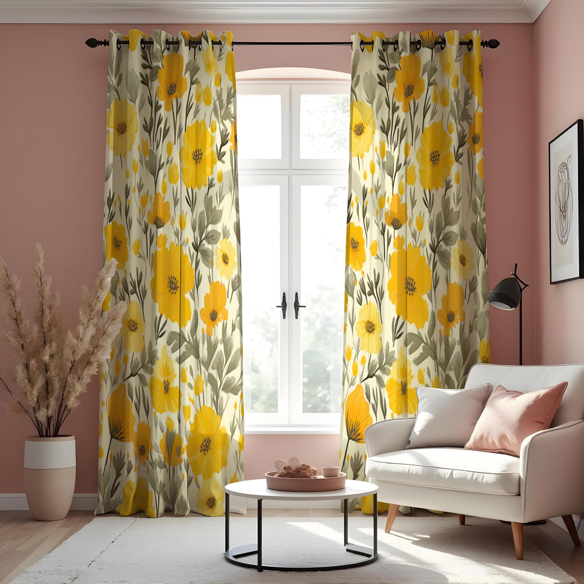 Yellow Poppy Floral Curtains, Mustard & Grey Botanical Drapes