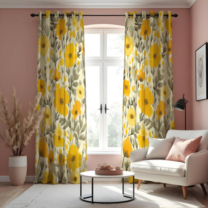 Yellow Poppy Floral Curtains, Mustard & Grey Botanical Drapes