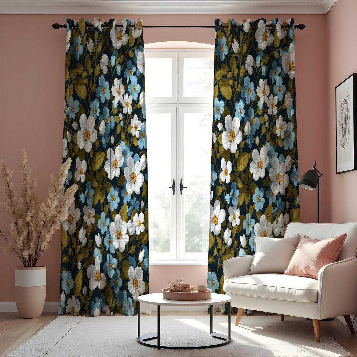 Dark Floral Curtains, White & Blue Flower Farmhouse Drapes