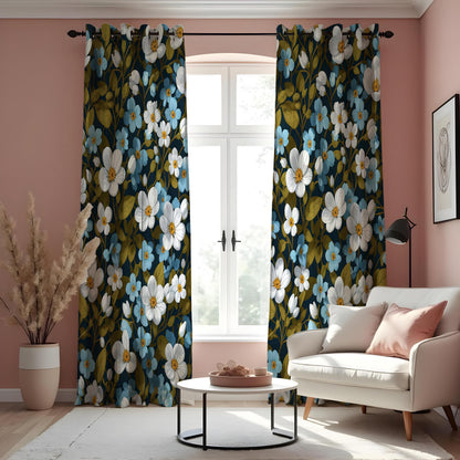 Dark Floral Curtains, White & Blue Flower Farmhouse Drapes