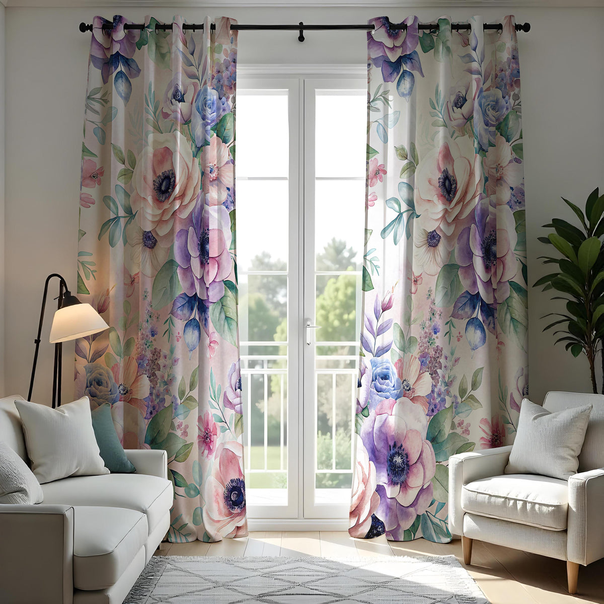 Purple & Blue Peony Curtains, Watercolor Floral Drapes