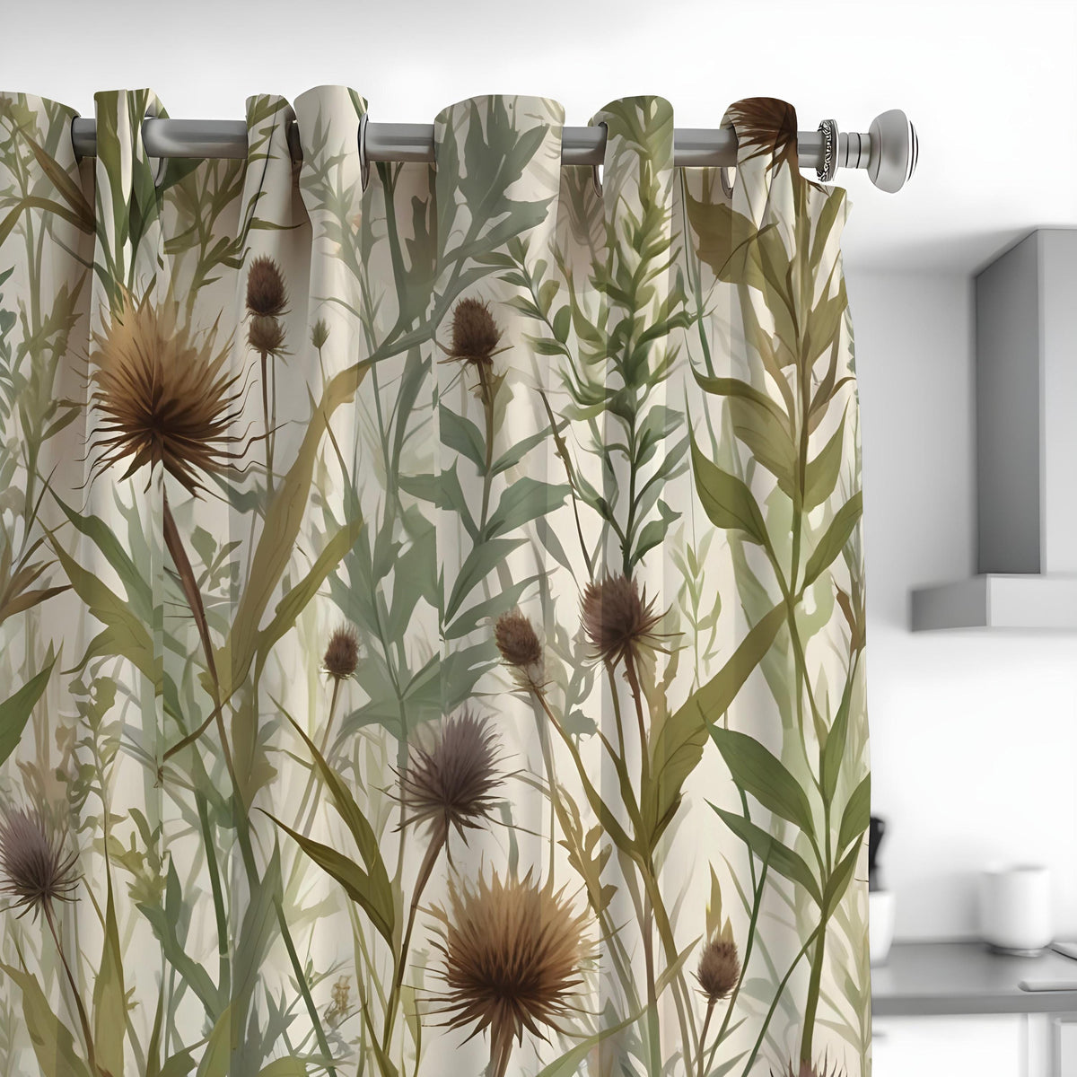 Earthy Thistle Curtains, Neutral Leaf Pattern Drapes