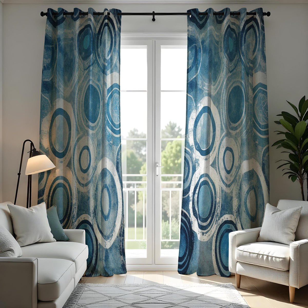 Blue Retro Circle Curtains, Mid Century Geometric Drapes