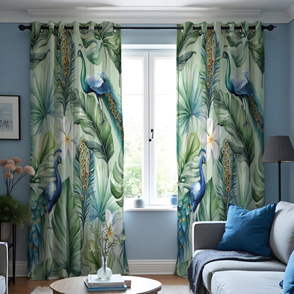 Tropical Peacock Curtains, Blue Bird & Jungle Leaf Drapes