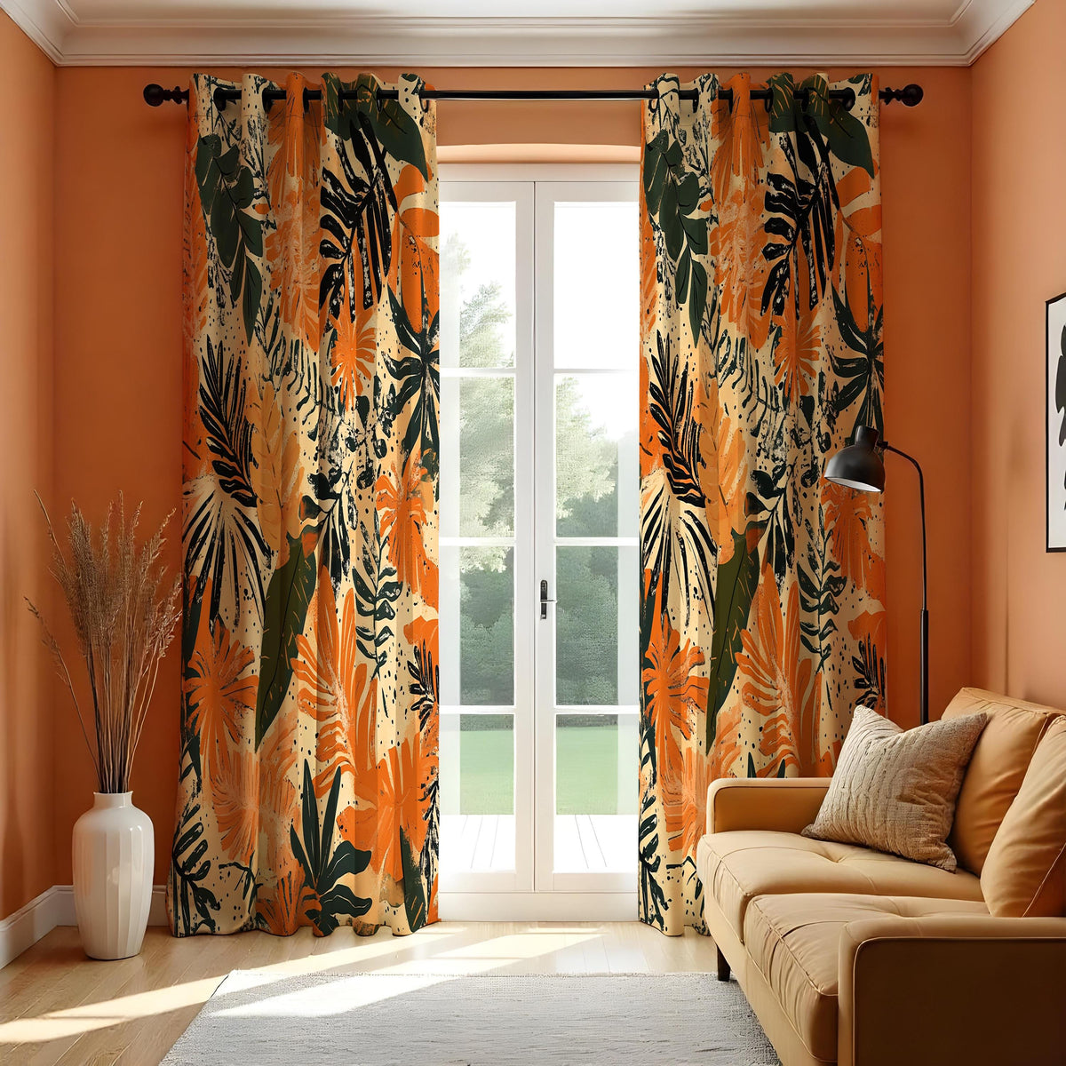 Orange Tropical Leaf Curtains, Jungle Foliage Window Drapes