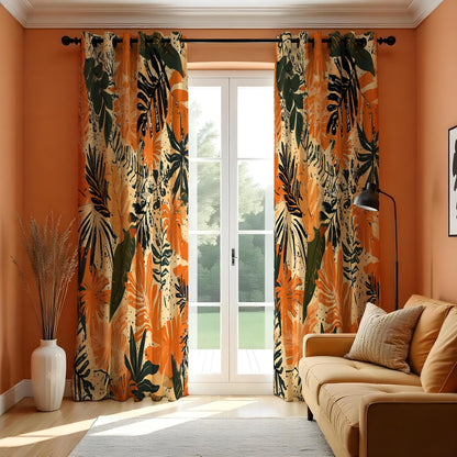 Orange Tropical Leaf Curtains, Jungle Foliage Window Drapes