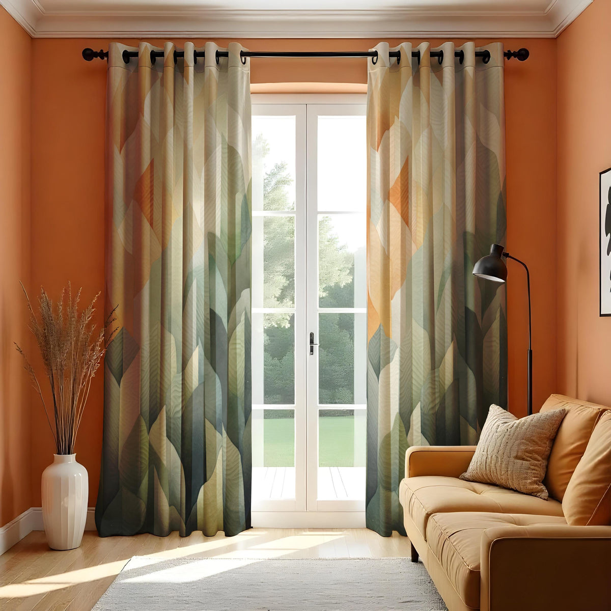 Earth Tone Geometric Leaf Curtains, Neutral Boho Drapes