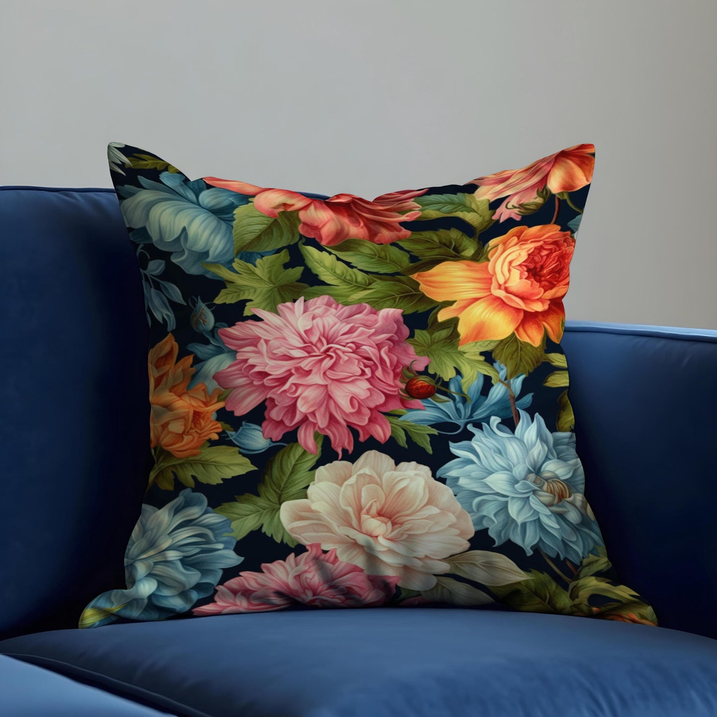 Bold Classic Floral Cushion Cover, Multicolor Peonies & Leaves Pillow Case