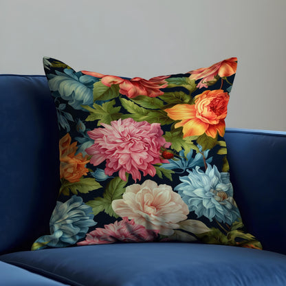 Bold Classic Floral Cushion Cover, Multicolor Peonies & Leaves Pillow Case